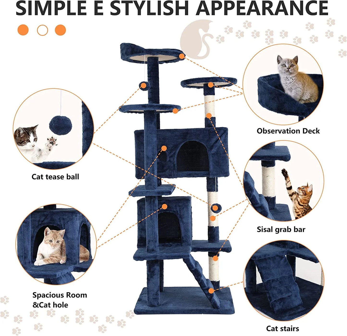 54-Inch Cat Tree Tower, Standing House Cat Condo with Scratch Stay and Fun Toys, Navy Blue