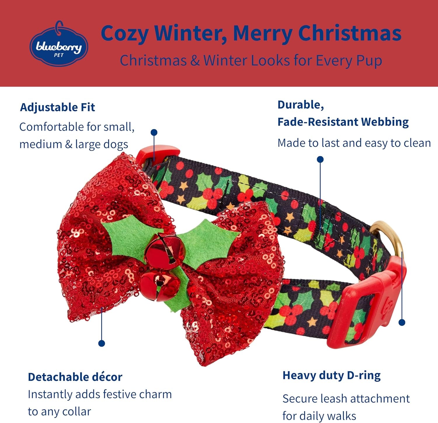 Christmas Holly Adjustable Dog Collar with Bowtie - Dog Collars for Small Dogs, Holiday Dog Collars, Christmas Collar for Dogs - Small Dog Collars for Female Dogs, 12-16" Neck