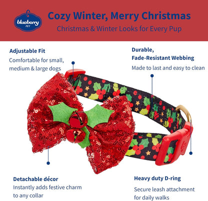 Christmas Holly Adjustable Dog Collar with Bowtie - Dog Collars for Small Dogs, Holiday Dog Collars, Christmas Collar for Dogs - Small Dog Collars for Female Dogs, 12-16" Neck