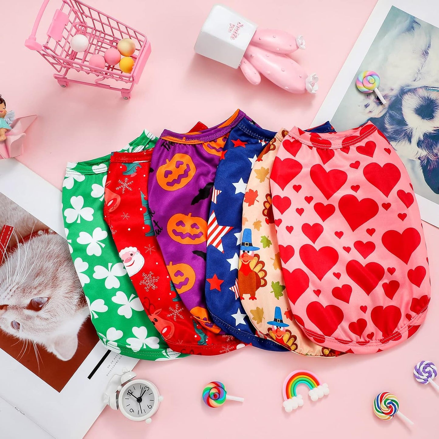 6 Pieces Holiday Dog Shirt Halloween Dog Clothes Fall Thanksgiving Pet Outfit Costumes Seasonal Puppy Festival Vests Apparel Pet Tank Top Tees for Dogs Cats Christmas(M (Fit 5-7Lbs))