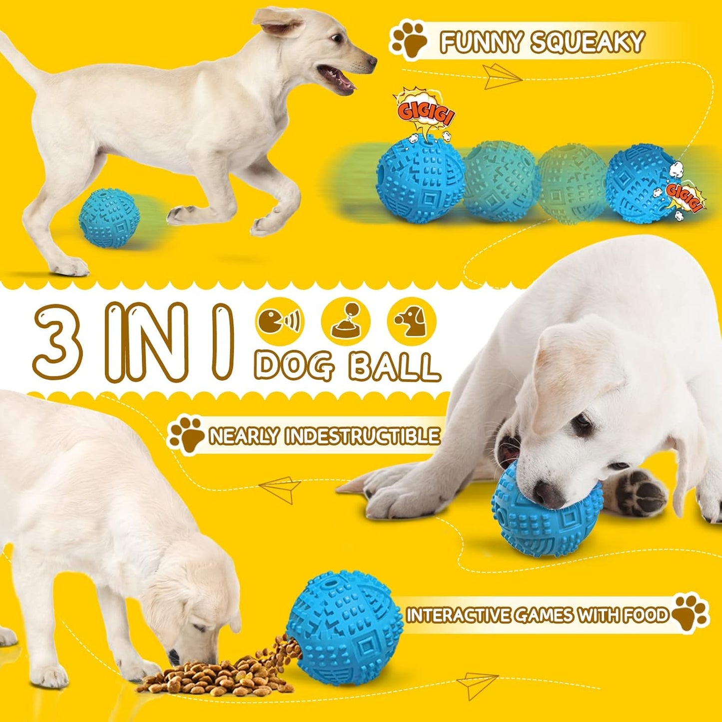 Dog Balls Treat Dispensing Dog Toys for Aggressive Chewers Large Breed, Nearly Indestructible Squeaky Puppy Chew Toys for Largebreeds, Natural Rubber Doggie Puzzle Toys, Pet Treat Ball