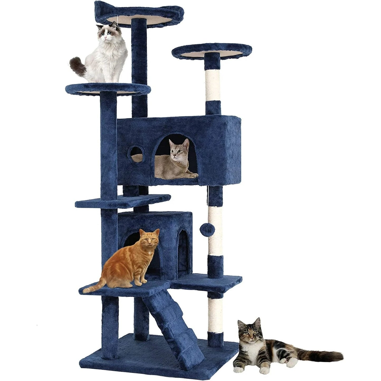 54-Inch Cat Tree Tower, Standing House Cat Condo with Scratch Stay and Fun Toys, Navy Blue