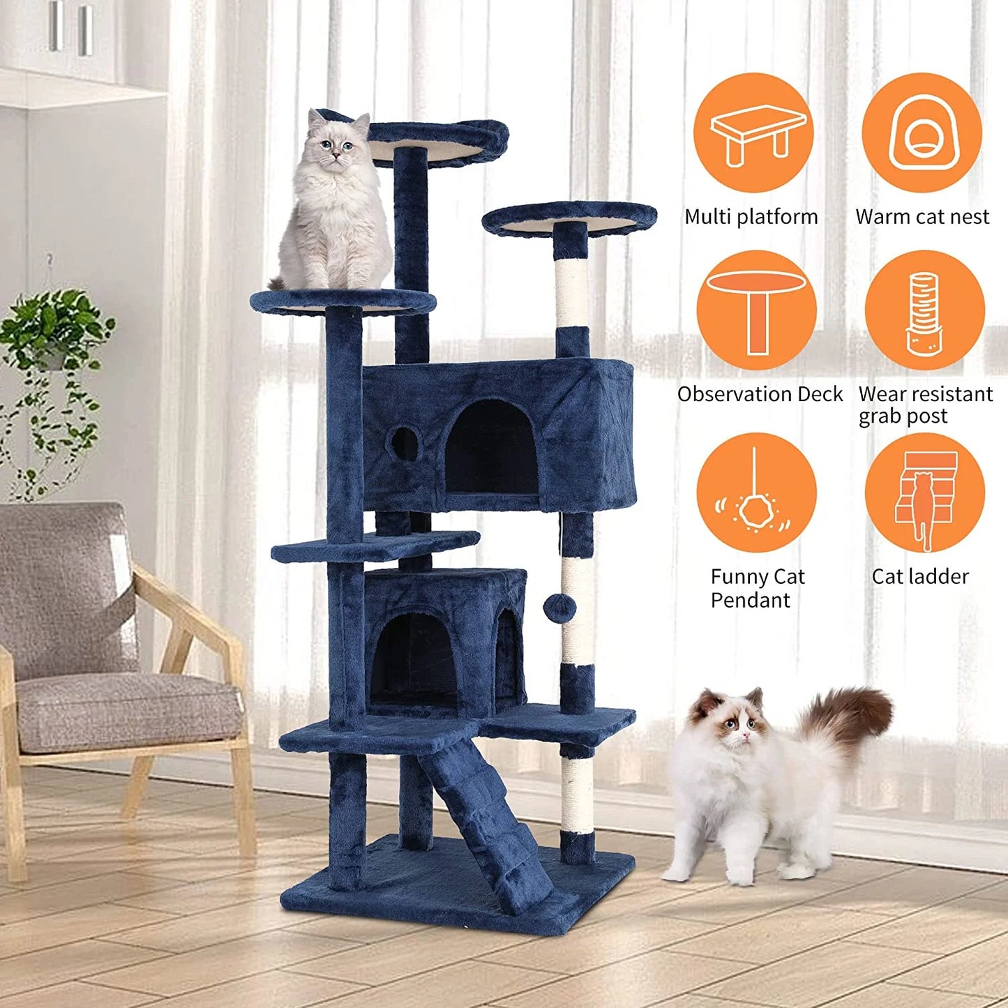 54-Inch Cat Tree Tower, Standing House Cat Condo with Scratch Stay and Fun Toys, Navy Blue