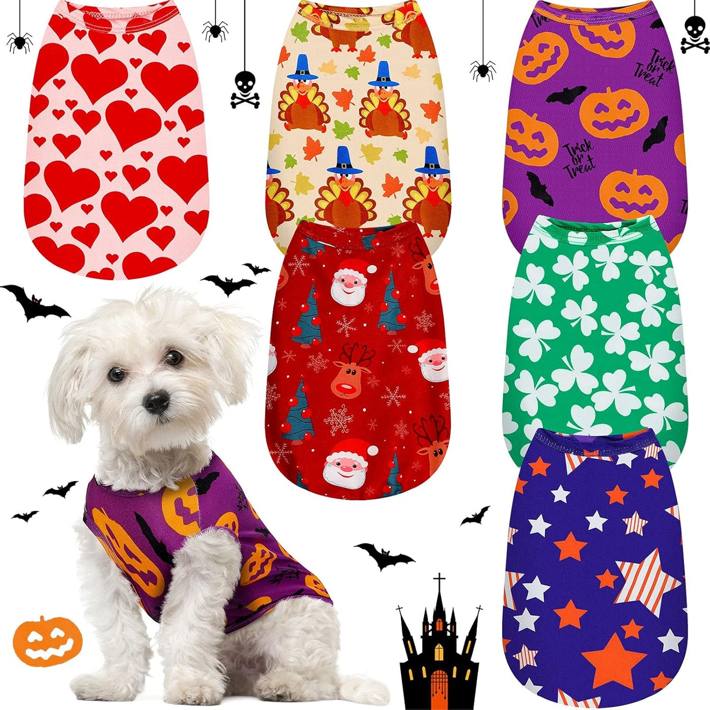 6 Pieces Holiday Dog Shirt Halloween Dog Clothes Fall Thanksgiving Pet Outfit Costumes Seasonal Puppy Festival Vests Apparel Pet Tank Top Tees for Dogs Cats Christmas(M (Fit 5-7Lbs))