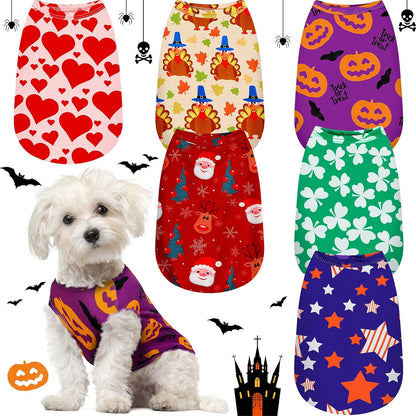 6 Pieces Holiday Dog Shirt Halloween Dog Clothes Fall Thanksgiving Pet Outfit Costumes Seasonal Puppy Festival Vests Apparel Pet Tank Top Tees for Dogs Cats Christmas(M (Fit 5-7Lbs))
