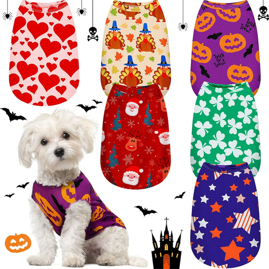 6 Pieces Holiday Dog Shirt Halloween Dog Clothes Fall Thanksgiving Pet Outfit Costumes Seasonal Puppy Festival Vests Apparel Pet Tank Top Tees for Dogs Cats Christmas(M (Fit 5-7Lbs))